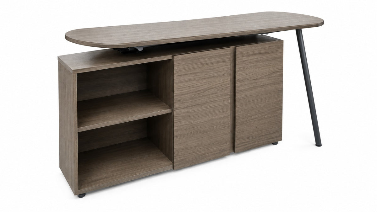 Lorenzo dark grey space saver home office desk with rotating desktop, angled metal leg and built-in storage cabinet.