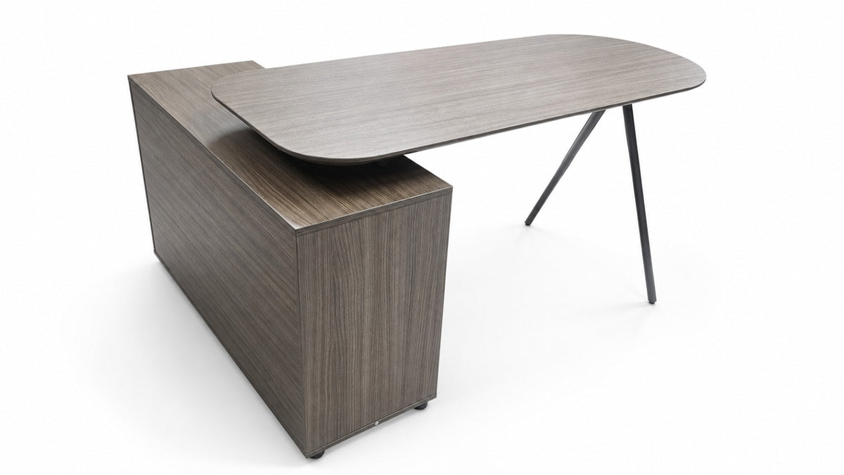 Lorenzo dark grey space saver home office desk with rotating desktop, angled metal leg and built-in storage cabinet.
