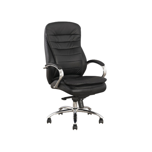 Black leather ergonomic office chair with high back, padded seat, chrome armrests, adjustable height lever, and five‑caster base for modern workspace comfort.
