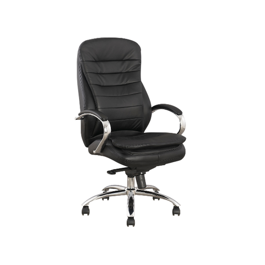 Black leather ergonomic office chair with high back, padded seat, chrome armrests, adjustable height lever, and five‑caster base for modern workspace comfort.