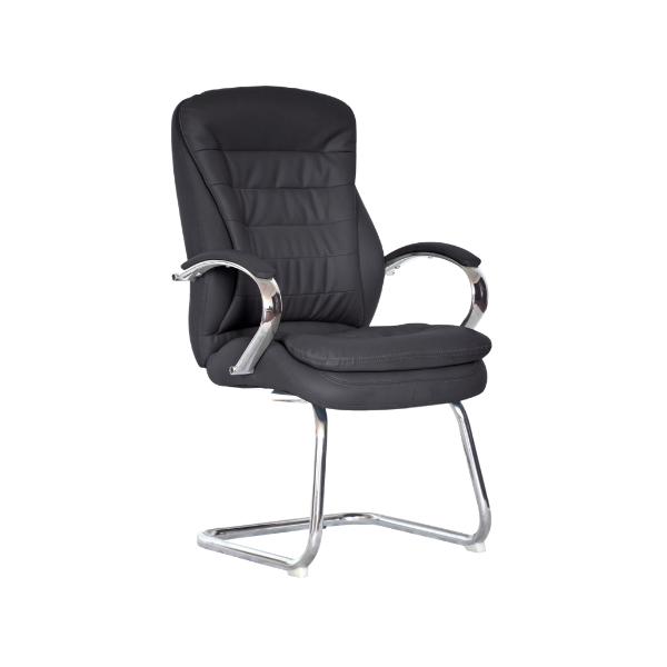 Black leather office chair with cushioned seat, horizontal stitched backrest, curved chrome armrests, and cantilever base for modern professional workspace style.