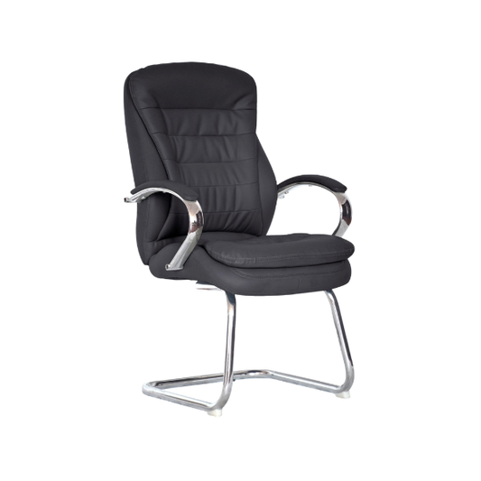Black leather office chair with cushioned seat, horizontal stitched backrest, curved chrome armrests, and cantilever base for modern professional workspace style.