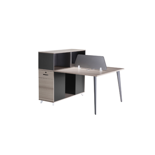 Modern two-way workstation featuring sturdy steel legs, a central privacy screen, dual pedestals for storage, and a top storage box, set in a collaborative office environment.