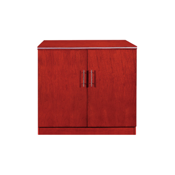 Wooden cabinet with a reddish-brown polished finish, featuring two doors with vertical metallic handles at the center. The cabinet stands on a short base and has a smooth, simple design that emphasizes functionality and modern craftsmanship.