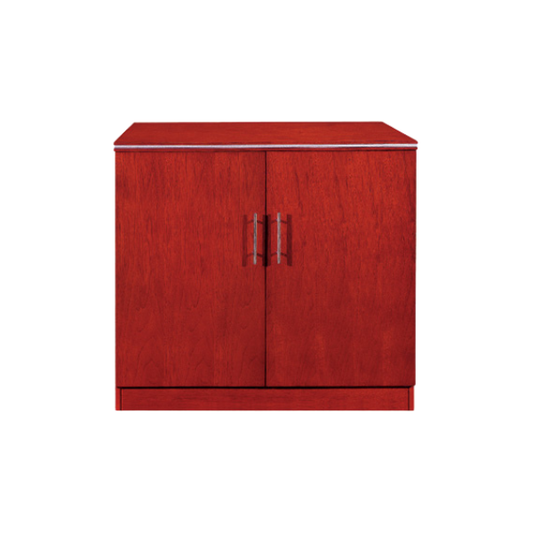 Wooden cabinet with a reddish-brown polished finish, featuring two doors with vertical metallic handles at the center. The cabinet stands on a short base and has a smooth, simple design that emphasizes functionality and modern craftsmanship.