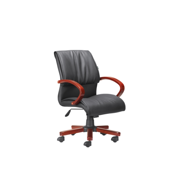 Black leather office chair with padded seat and backrest, curved polished wooden armrests, wooden five‑leg base with caster wheels, and adjustable height lever — elegant executive seating for professional or home office spaces.