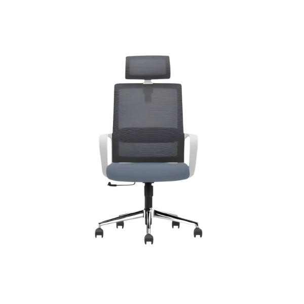 Modern ergonomic office chair with black mesh backrest and headrest, white armrests, gray cushioned seat, and chrome base with five caster wheels, featuring adjustable lever beneath the seat for height and tilt control.