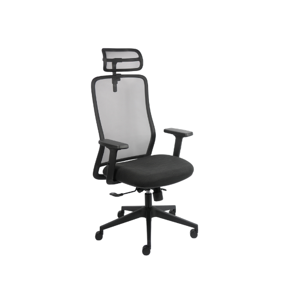 Modern ergonomic office chair with black mesh backrest, padded seat, adjustable armrests, headrest, and five-wheel base for mobility.