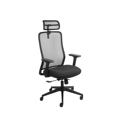 Modern ergonomic office chair with black mesh backrest, padded seat, adjustable armrests, headrest, and five-wheel base for mobility.
