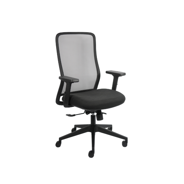 Modern ergonomic office chair with black mesh backrest, cushioned seat, adjustable armrests, headrest, and five-star wheeled base with height and tilt adjustment lever.
