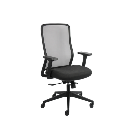 Modern ergonomic office chair with black mesh backrest, cushioned seat, adjustable armrests, headrest, and five-star wheeled base with height and tilt adjustment lever.