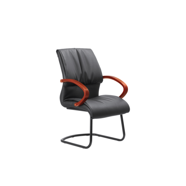 Modern office chair with black cushioned leather seat and backrest, curved reddish‑brown polished wooden armrests, and sleek cantilever steel frame base — stylish ergonomic seating for office or conference room settings.