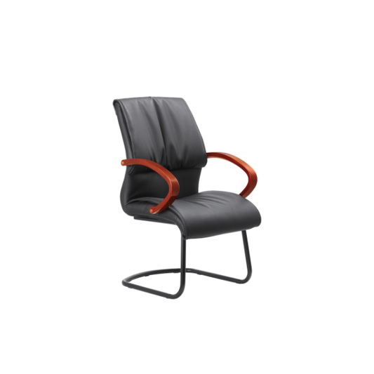 Modern office chair with black cushioned leather seat and backrest, curved reddish‑brown polished wooden armrests, and sleek cantilever steel frame base — stylish ergonomic seating for office or conference room settings.