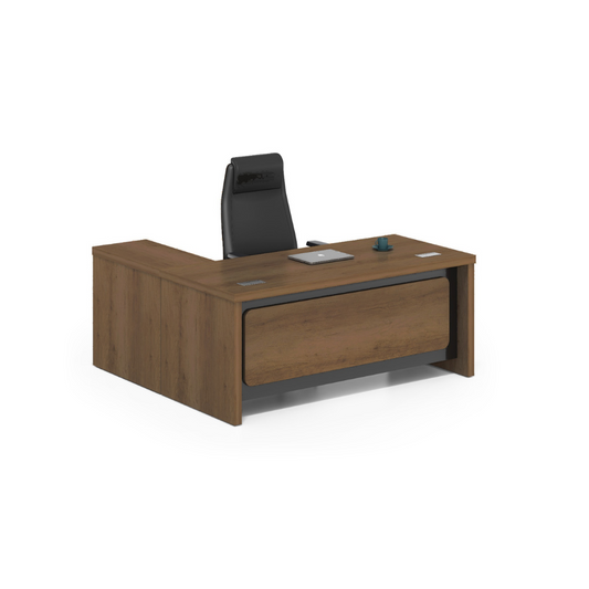 Crafted from premium melamine, this office desk set includes a matching credenza and a front modesty panel