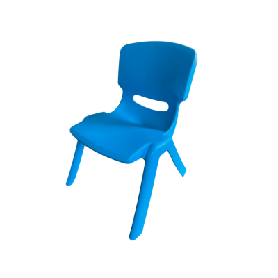 Bright plastic chair designed for children, featuring a backrest, sturdy legs, and a smooth, contoured seat.