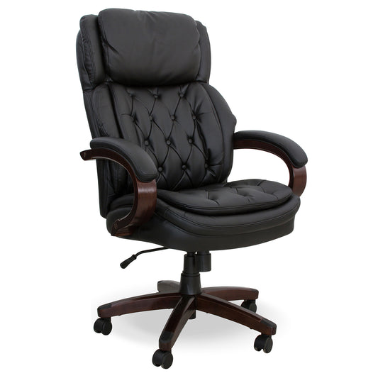 Black office chair with wooden armrests and base on a white background