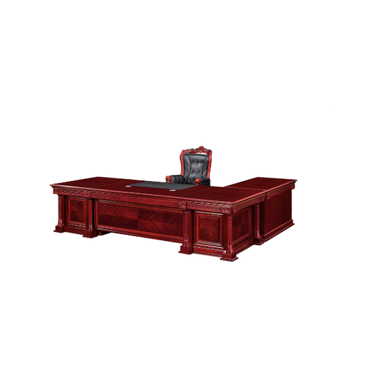 Elegant executive office setup featuring a large polished dark wood L-shaped desk with ornate carved detailing, paired with a high-back tufted black leather chair accented with matching wooden trim, creating a formal and sophisticated workspace.