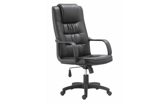 "Prestige PU Leather Executive Office Chair with a PU leather upper, scratch-resistant industrial leather back, two-piece shell design, plastic armrests, and nylon star base."