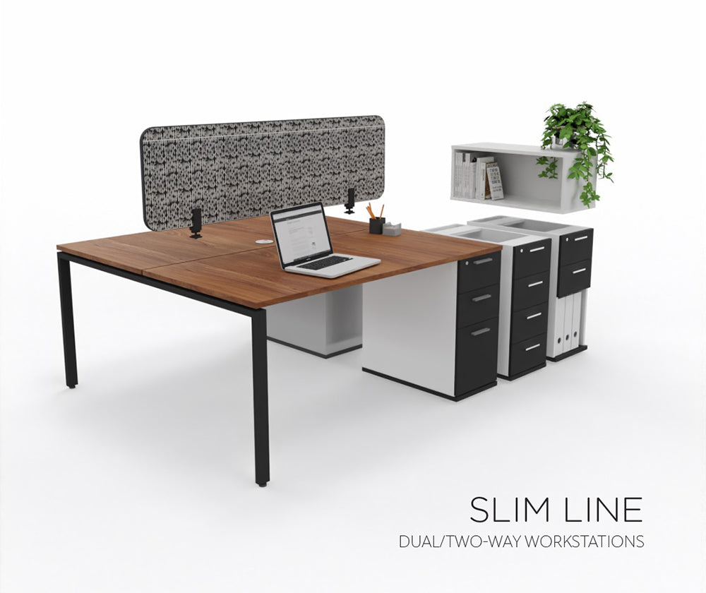 The Slim-line desks are paired with narrow pedestals (320 wide) making these workstations an excellent space-saver when benched in a large open plan office. Steel frame structure and floating makes these desks modern and versatile.