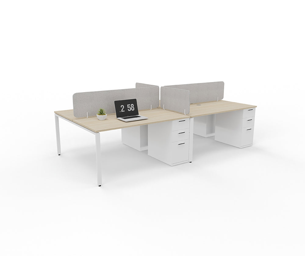 Modern office workstation with two connected light wood desks in rectangular configuration, white metal legs and drawer units, gray fabric privacy panels creating four sections.
