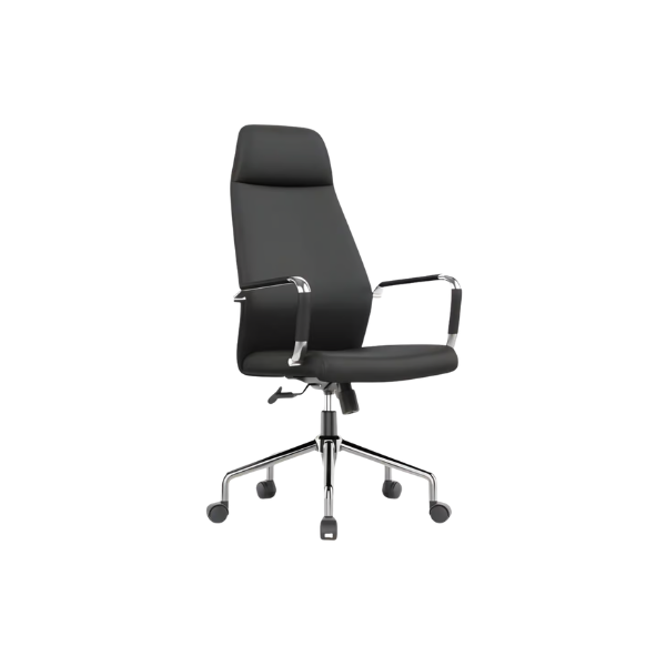 Modern high‑back office chair with black cushioned seat and backrest, chrome armrests, and chrome base with caster wheels.