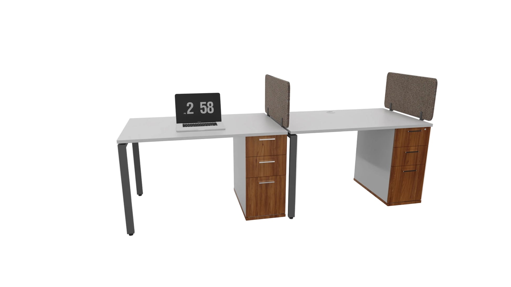 Shared workspace with two modern office desks side by side, each featuring white tabletop, black metal legs, and wooden drawer unit with three drawers, equipped with fabric privacy panels; minimalist collaborative office furniture design.