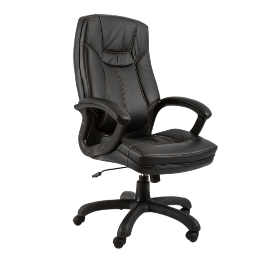 A black leather office chair with functional yet aesthetic stitching. Creating an air of sophistication and durability.  PU arm rests padded with leather, a gas height adjuster and a black nylon base. Elevating the office space through durability and timeless design.