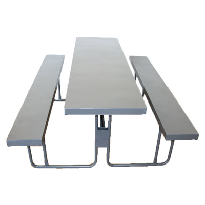 Steel Canteen Unit with either a Painted Top or Galvanised Top, featuring a rectangular table and two benches. The table has a smooth surface, and the benches match the color and material of the table. Sturdy metal frames provide stability