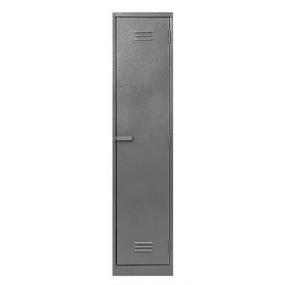 A tall steel locker painted grey with its door open revealing the interior compartments.