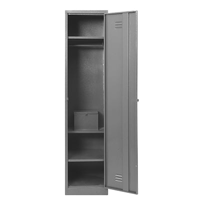 A tall steel locker painted grey with its door open revealing the interior compartments.