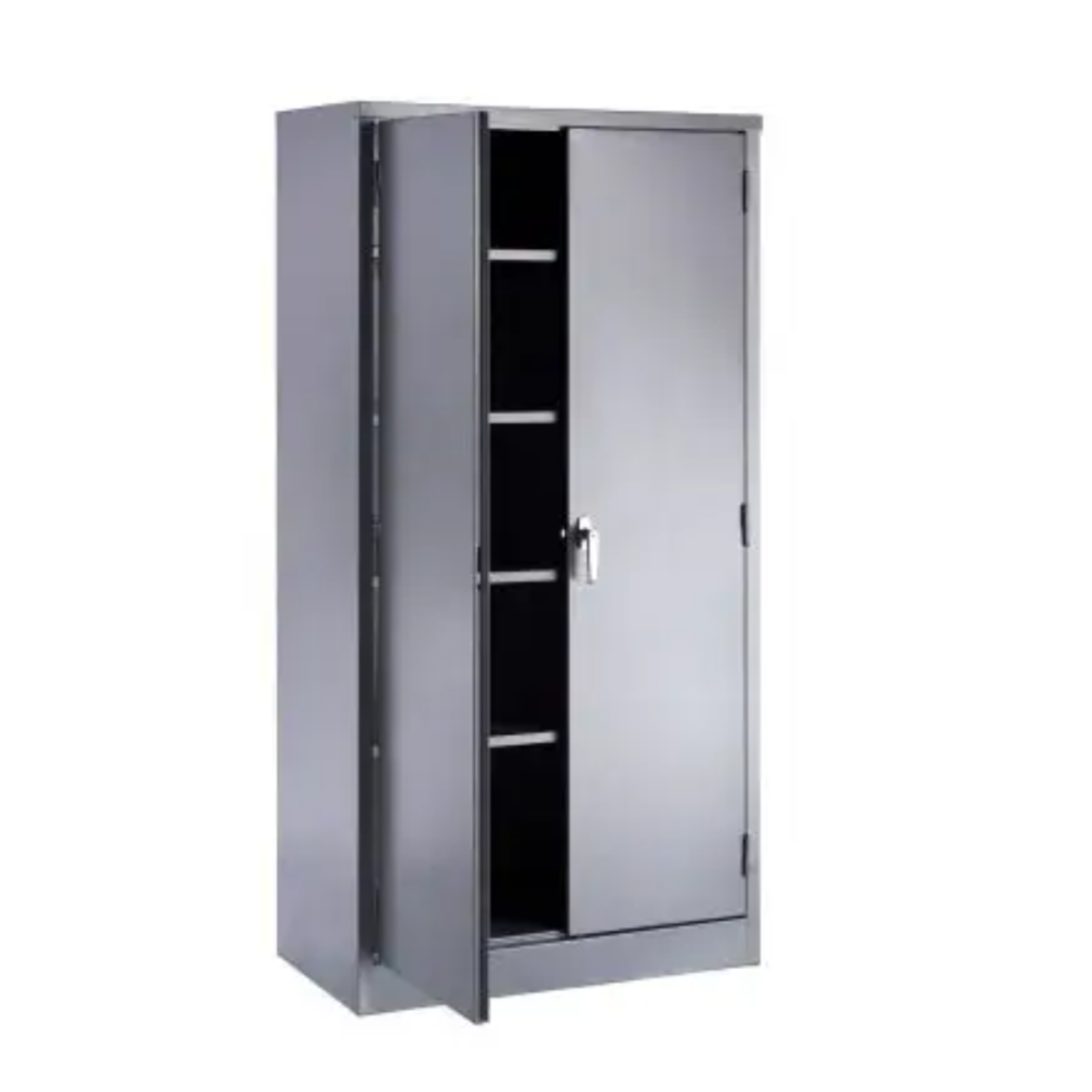 Grey steel cupboard open with four adjustable shelves