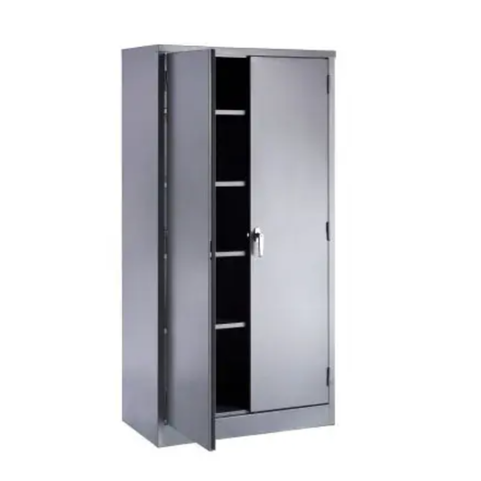 Grey steel cupboard open with four adjustable shelves