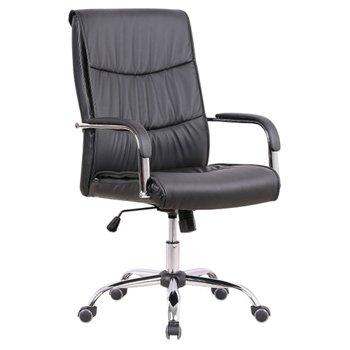 "Summit PU Leather Office Chair with luxurious PU leather upholstery, chrome arms with padded PU cushions, and a durable chrome sleigh base, supporting up to 150kg."