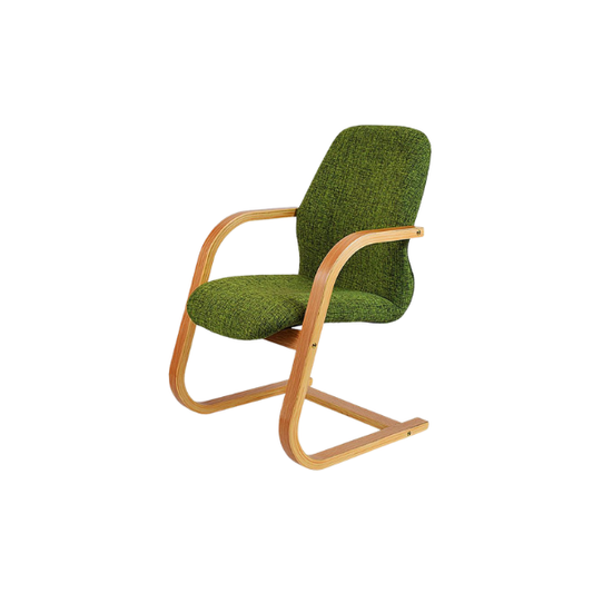 Modern chair with green textured fabric seat and backrest, featuring curved light wood armrests and continuous wooden frame legs, combining natural wood with vibrant upholstery for a sleek contemporary design.