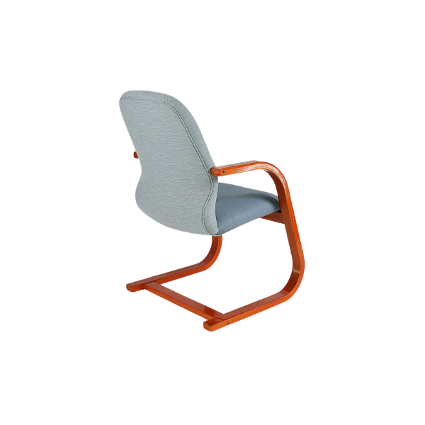 Modern chair with green textured fabric seat and backrest, featuring curved light wood armrests and continuous wooden frame legs, combining natural wood with vibrant upholstery for a sleek contemporary design.