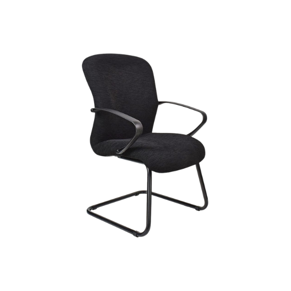 Modern office chair with a cantilever-style metal frame, black cushioned seat and backrest, and sleek curved metal armrests, combining ergonomic comfort with minimalist design for professional or contemporary office settings.
