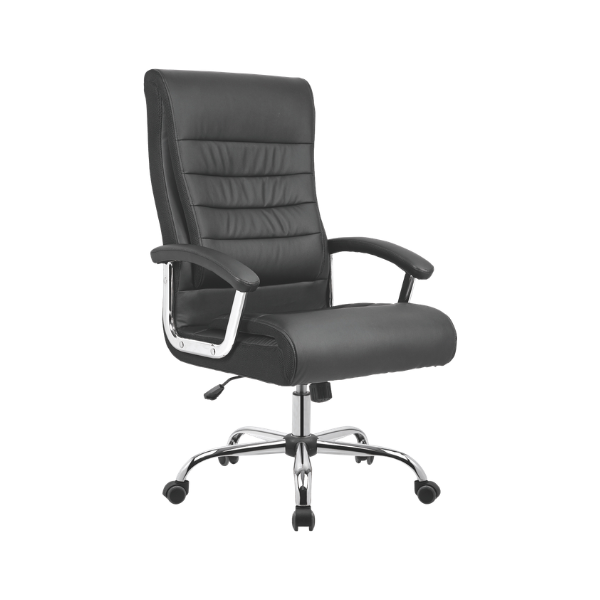 Black leather office chair with high backrest, padded seat, chrome armrests, and five‑leg chrome base with caster wheels.