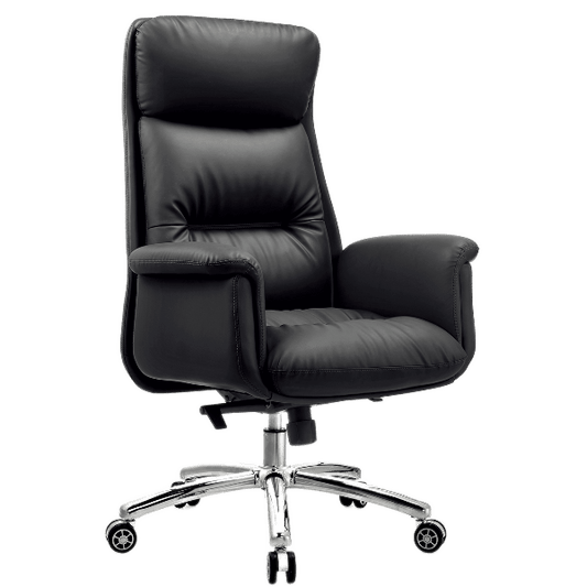 "VogueEase Swivel and Tilt Office Chair: Elevate your workspace with affordable elegance. Faux leather upholstery for a sleek and sophisticated look. Swivel and tilt capabilities for personalized comfort. The perfect practical choice for your office or workspace."