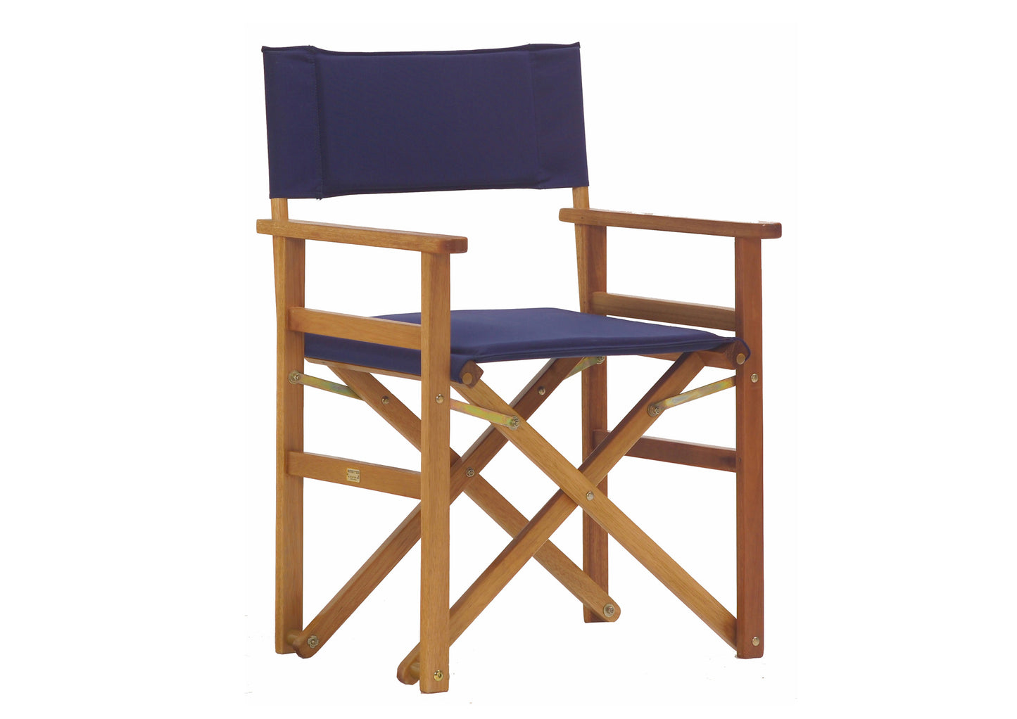 Kalahari Director’s Chair made from eucalyptus wood with a removable blue canvas seat and backrest, designed for outdoor use and portability.