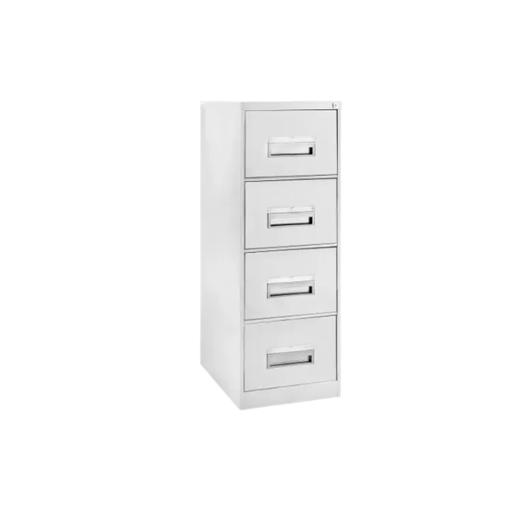  Tall light gray metallic filing cabinet with four vertically stacked drawers, each featuring a recessed handle and label holder. Size: 1320h x 470w x 630d
Designed for all your filing needs.
