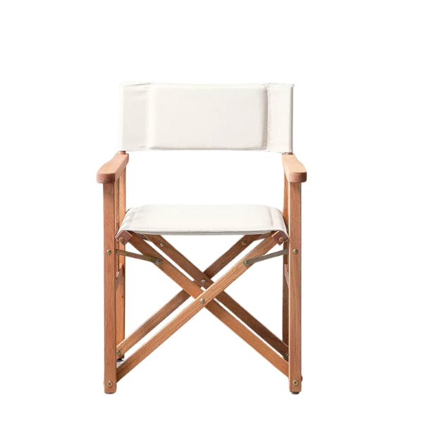 Kalahari Director’s Chair made from eucalyptus wood with a removable blue canvas seat and backrest, designed for outdoor use and portability.