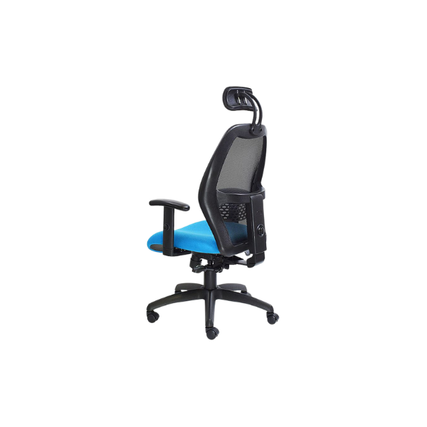 Ergonomic office chair with a black mesh backrest featuring a central lumbar support knob, blue cushioned seat, black armrests, adjustable headrest, and a five-wheel base, designed for posture support and comfort in modern workspaces.