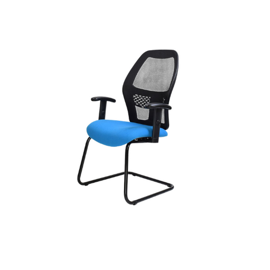Modern office chair with a blue cushioned seat, black mesh backrest, and black armrests, supported by a sleek cantilever-style metal frame.