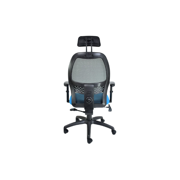 Ergonomic office chair with a black mesh backrest featuring a central lumbar support knob, blue cushioned seat, adjustable armrests, headrest, and sturdy five-wheel base, designed for comfort and adjustability in modern office or home workspaces.