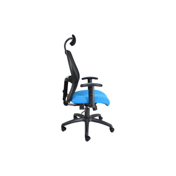 Modern ergonomic office chair with a bright blue cushioned seat, black adjustable armrests, curved black backrest, and attached headrest, supported by a five-wheel base for mobility, designed to enhance comfort and posture in office settings.