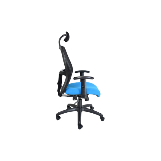 Modern ergonomic office chair with a bright blue cushioned seat, black adjustable armrests, curved black backrest, and attached headrest, supported by a five-wheel base for mobility, designed to enhance comfort and posture in office settings.