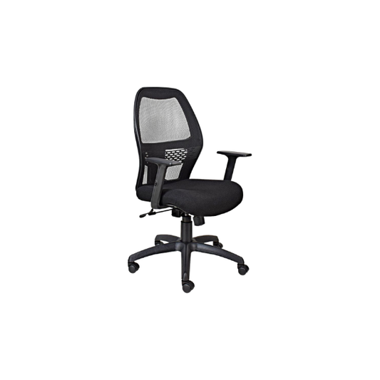 Black ergonomic office chair with a breathable mesh backrest, cushioned seat, adjustable armrests, and a five-point wheeled base, designed for comfort and mobility in office or home workspaces.