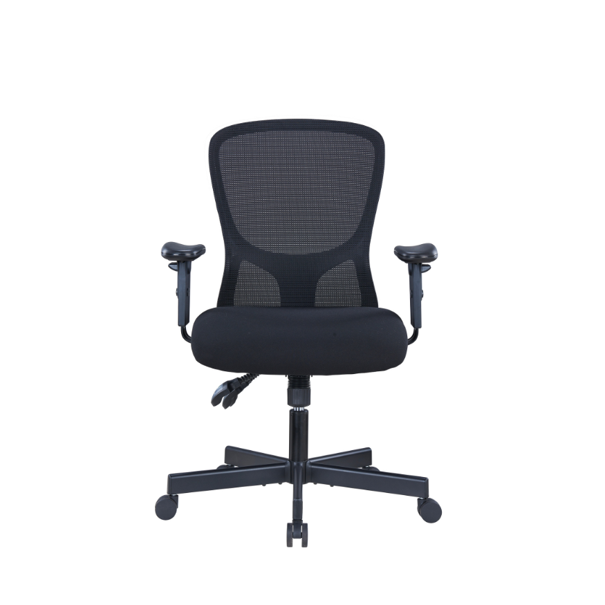 Ergonomic Office Chair with highly cushioned base, adjustable arms and lumbar support in colour black. Front View