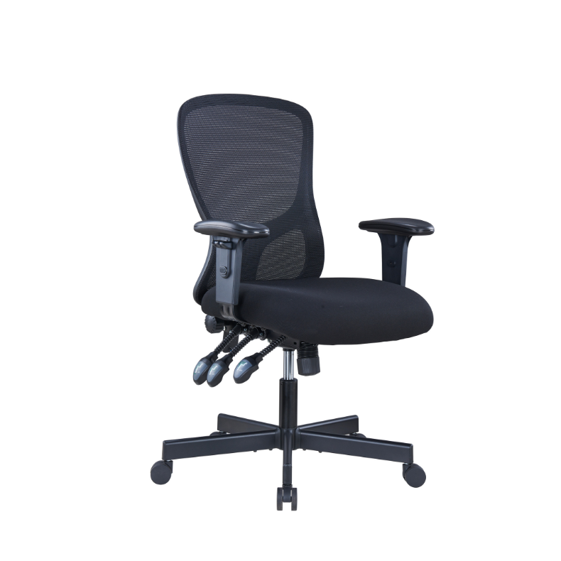Ergonomic Office Chair with highly cushioned base, adjustable arms and lumbar support in colour black. Side view