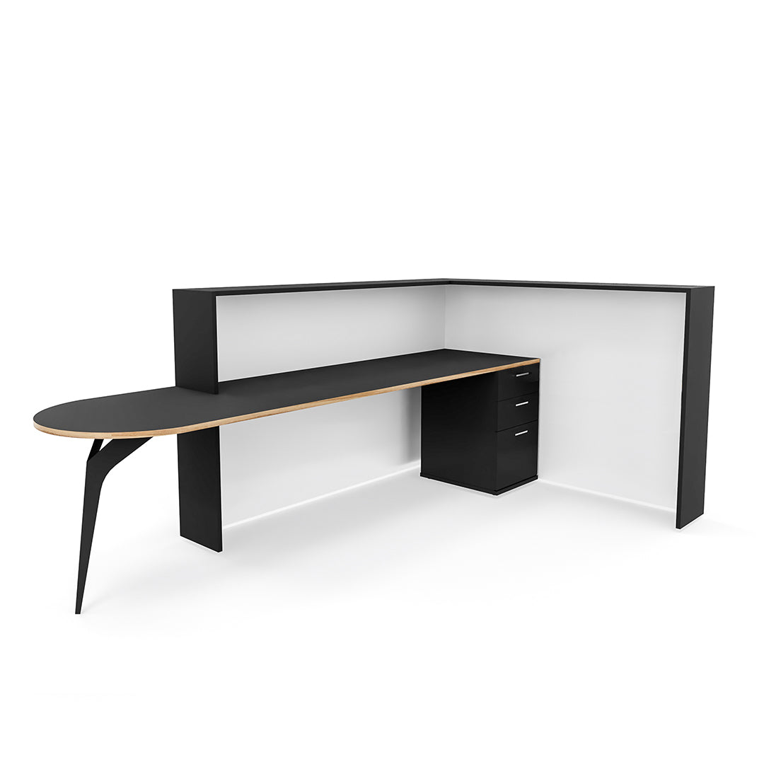 Modern reception desk with white front panel. Three Black side storage drawers, and a horizontal wooden accent extending outward to form a side table supported by a single black leg.